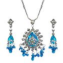 Cyan Blue Stone Studded Pendant with Chain and Earrings