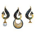 Blue and White Stone Studded Laquered Peacock Pendant and Earrings