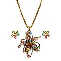 Multicolor Stone Studded Pendant with Oxidised Metal Chain and Earrings
