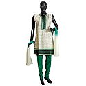 Off-White Cotton Parsi Embroidered Kurta with Cyan Churidar and Chunni