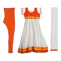 Saffron Parsi Embroidery and Chiffon Neckline on White Net Anarkali Kurta, Saffron Churidar and White Chunni