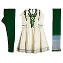Parsi Embroidered Neckline on Off-White Self Design Cotton Full Sleeve Anarkali Kurta with Green Churidar and Chunni