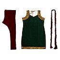 Green Cotton Kurta with Zari Border, Maroon Churidar and Chunni and a Pair of Unstitched Sleeves