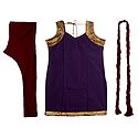 Purple Cotton Kurta with Zari Border, Maroon Churidar, Chunni and a Pair of Unstitched Sleeves