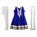 Parsi Embroidered Neckline on Dark Blue Self Design Cotton Kurta with White Churidar and Chunni