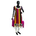 Multicolor Cotton Parsi Embroidered Kurta with White Lace Border, White Churidar and Chunni