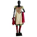 Beige Cotton Kurta with Mirrorwork and Embroidered Neckline with Red Churidar and Chunni