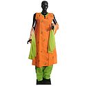 Embroidered Stone Setting Saffron Kurta, Green Salwar and Green Saffron Combination Chunni