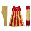 Red with Beige Printed Churidar, Kurta Set