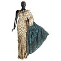Ivory White Cotton Silk Saree with Weaved Design All-Over and Dark Cyan Anchal 