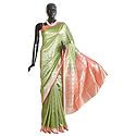 Lime Green with Light Burgundy Art Silk Saree with Woven Floral Design All-Over 