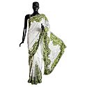 Parsi Embroidered White Georgette Brasso Saree with Green Border and Pallu 