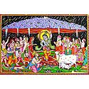 Krishna Lifts Giri Govardhan - Print on Cloth with Sequin Work - Unframed