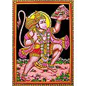 Hanuman Lifts Gandhamadan Parvat for Sanjivani Booti - Print on Cloth with Sequin Work - Unframed