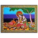 Secret Rendezvous of Radha and Krishna - Print with Sequin Work on Cotton Cloth - Unframed