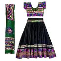 Multicolor Embroidery on Black Cotton Lehenga Choli with Green Dupatta and Elaborate Sequin Work
