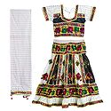Multicolor Embroidery on White Printed Cotton Lehenga Choli with Dupatta and Elaborate Sequin Work