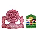Jagannath, Balaram, Subhadra with Chariot Wheel of Konark Temple
