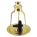 Black Stone Shiva Linga on Brass Plate With Kalash on Tripod