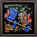 Terracotta Radha Krishna on Wooden Board - Wall Hanging