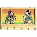 Crushed Real Gemstone Queen and Princess Painting Wooden Key Rack with Six Hooks - Wall Hanging