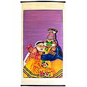 Kathakali Dancers as Krishna and Sudama - Painting on Woven Bamboo Strands - Wall Hanging
