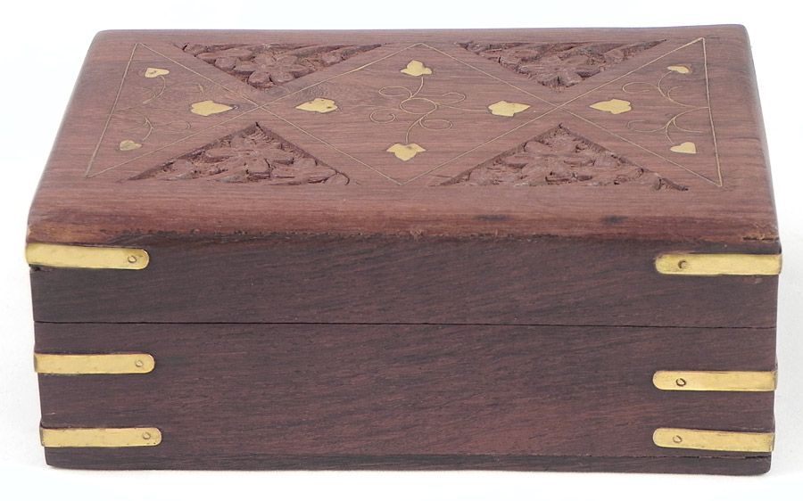 Brass Inlay Wooden Jewelry Box 2.25 x 6 x 4 inches