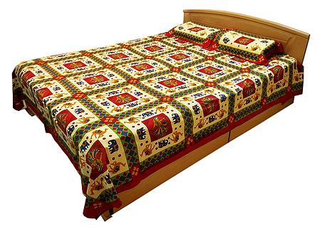Multicolor Dancer and Animal Print on Light Yellow Cotton Double Bedspread with 2 Pillow Covers