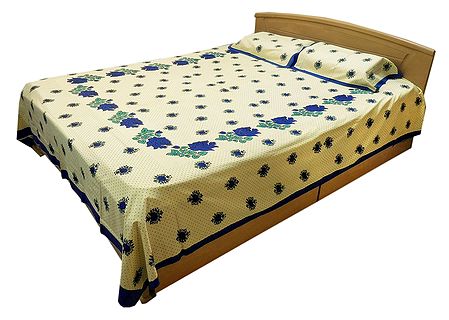 Blue Dot and Floral Print on Light Yellow Cotton Double Bedspread with 2 Pillow Covers