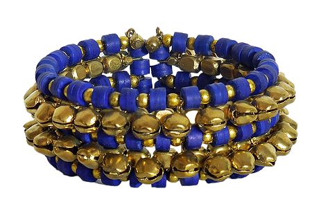 Metal Ghunghroo and Blue Bead Cuff Bracelet