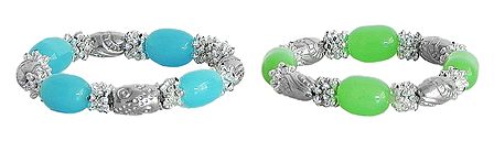 Pair of Light Cyan and Light Green Bead Stretch Bracelet