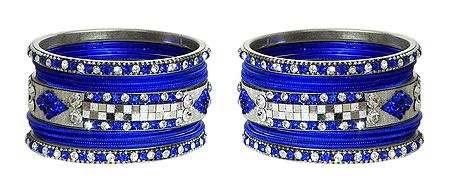 Set of 2 White Stone Studded Royal Blue Metal Bangles