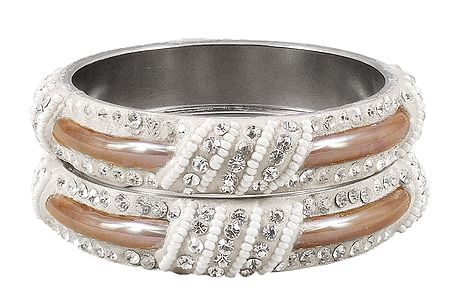 Pair of Light Brown Metal Bangles with Stone and Beads