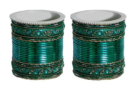 Set of 2 Stone Studded Dark Cyan Metal Bangles