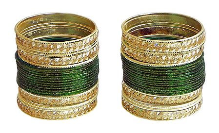 Set of 2 Glitter Dark Green with Golden Bangles