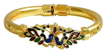 Meenakari Peacock Design Gold Plated Hinged Bracelet