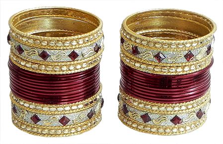 Set of 2 Stone Studded Dark Red with Golden Bangles