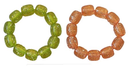 Set of 2 Green and Peach Beaded Stretch Bracelet