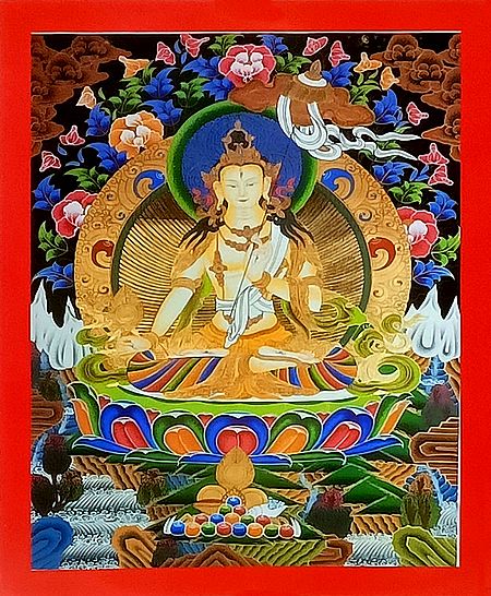 White Tara with Umbrella - Unframed Thangka Poster - Reprint on Paper
