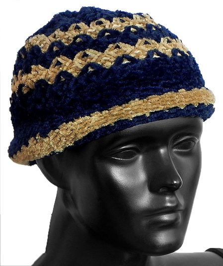 Ladies Hand Knitted Black with Light Brown Stripe Beanie Woolen Hat