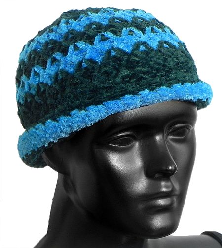 Ladies Hand Knitted Dark Green with Cyan Blue Stripe Beanie Woolen Hat