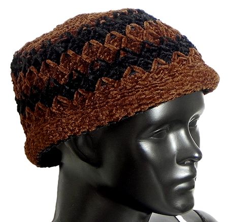 Ladies Hand Knitted Black and Brown Woolen Beanie Cap