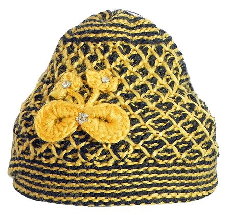 Ladies Hand Knitted Yellow and Black Woolen Beanie Cap