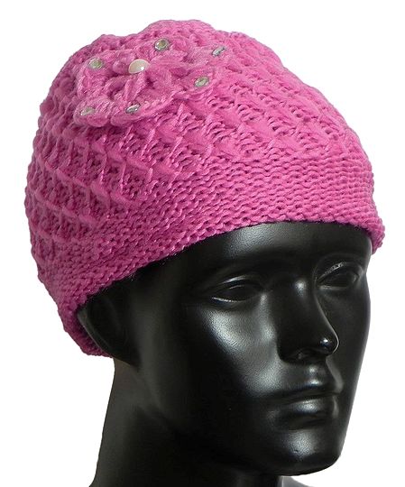 Ladies Hand Knitted Dark Pink Woolen Beanie Cap