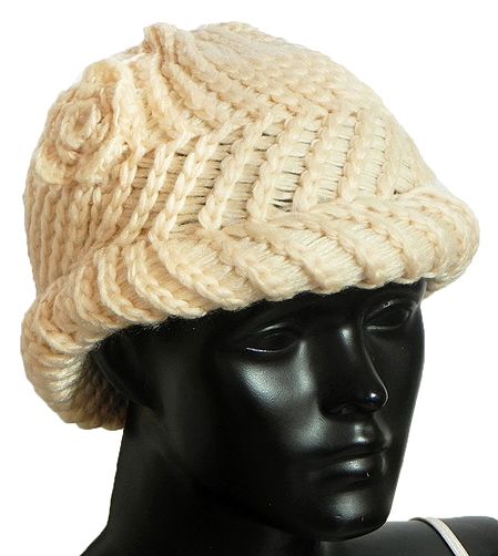 Ladies Hand Knitted Cream Woolen Beanie Cap