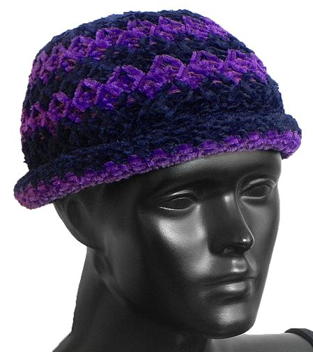 Ladies Hand Knitted Black with Purple Stripe Beanie Woolen Hat