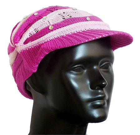 Dark Pink with Light Pink Ladies Woolen Cap