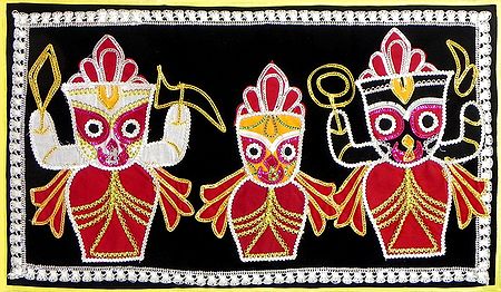 Appliqued Jagannathdev, Balaram and Subhadra on Black Velvet Cloth - (Wall Hanging)
