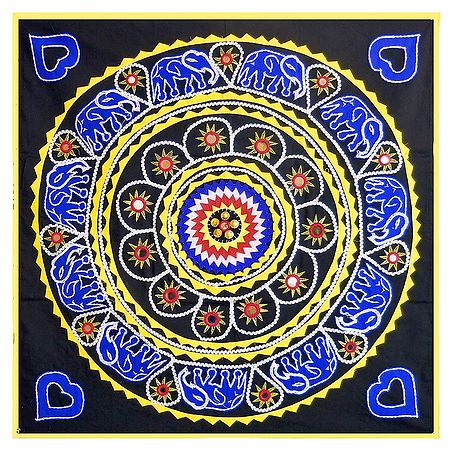 Blue Appliqued Elephants on Black Cotton Cloth - Wall Hanging