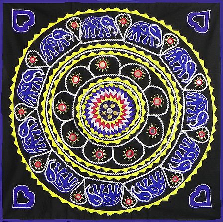 Appliqued Elephants on Black Cotton Cloth - (Wall Hanging)
